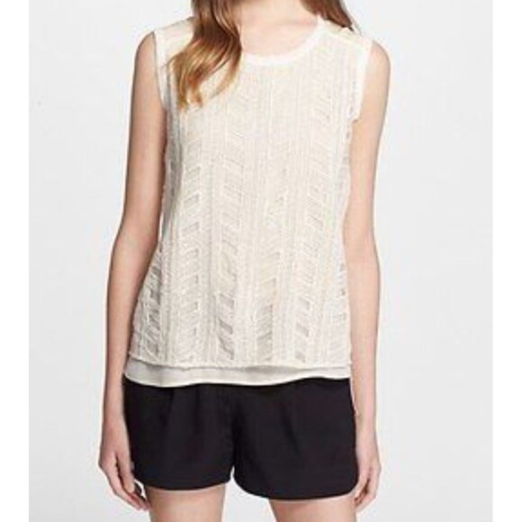 VINCE Off White SILK Textured Blouse Top Tank Size XS Crochet Layer - Picture 3 of 5
